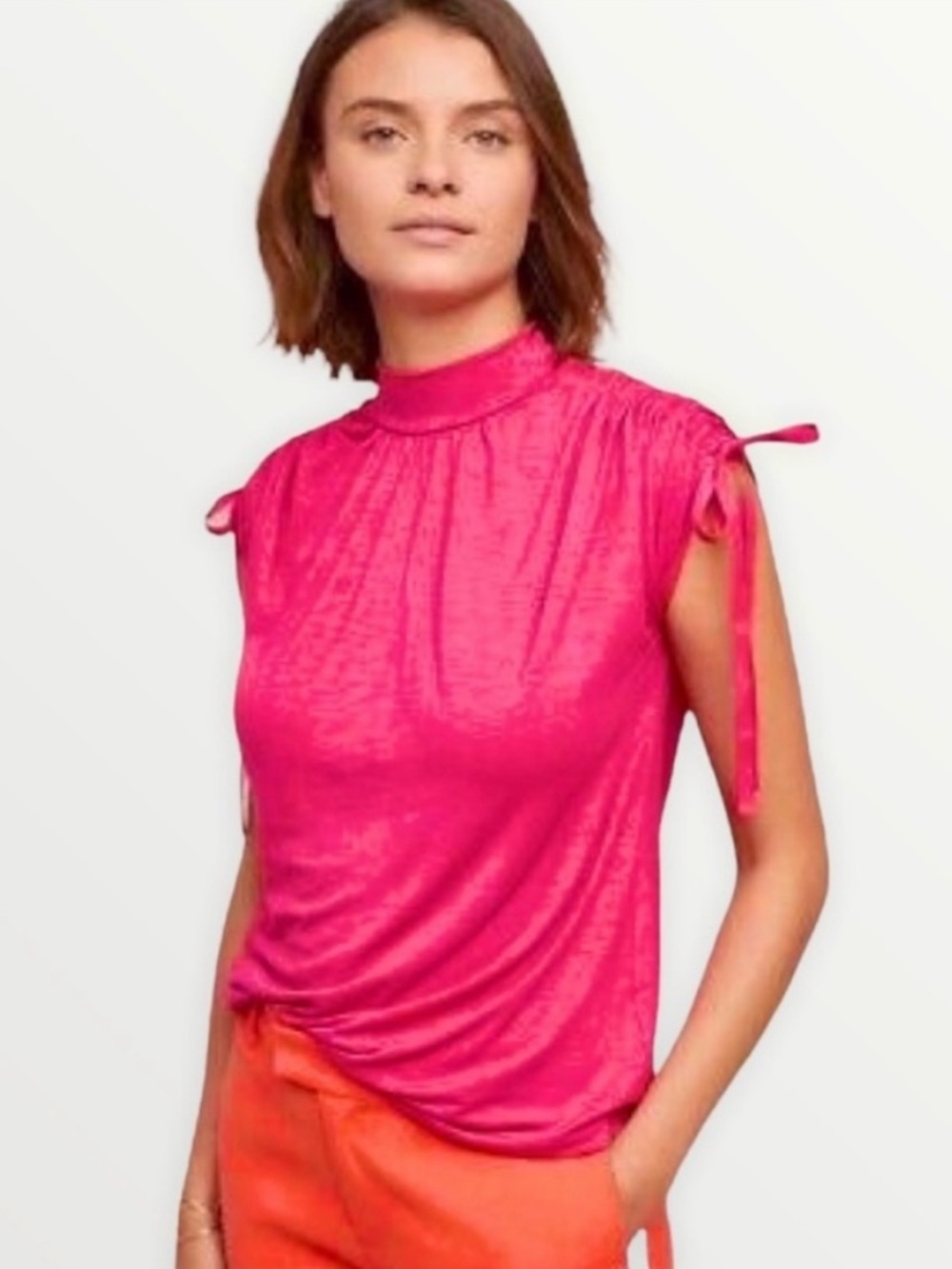 Anthropologie NEW!  Kali Top Medium Pink Gathered Neck Tie Sleeve Stretchy Chic